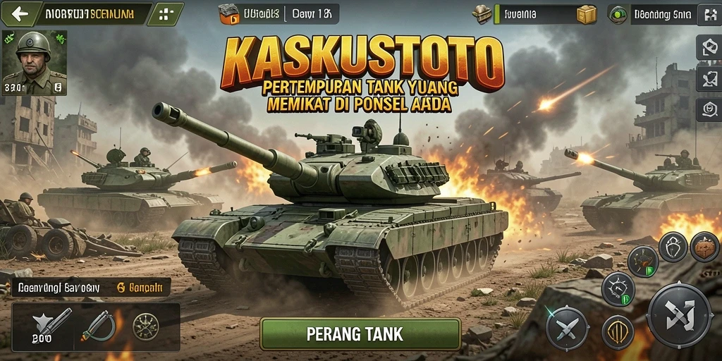Antarmuka KASKUSTOTO menampilkan pertempuran tangguh dengan tank yang beragam.