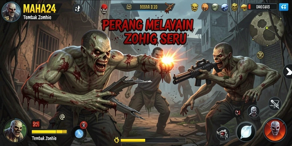 Tampilan antarmuka MAHA24 dengan aksi tembak zombie yang mendebarkan.